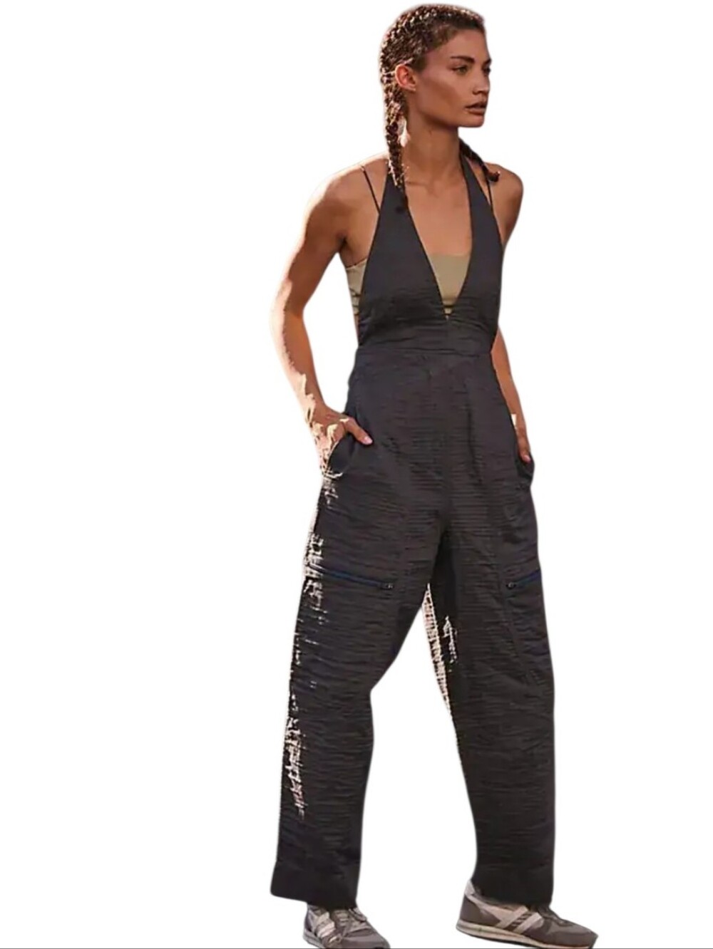 Free People Huddle Up‎ Jumpsuit Size S V-Neck Halter Top Open Back Relaxed Fit
